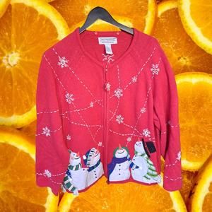 Tiara International Christmas Collection Red Full Zip Sweater and Snowmen‎ XL